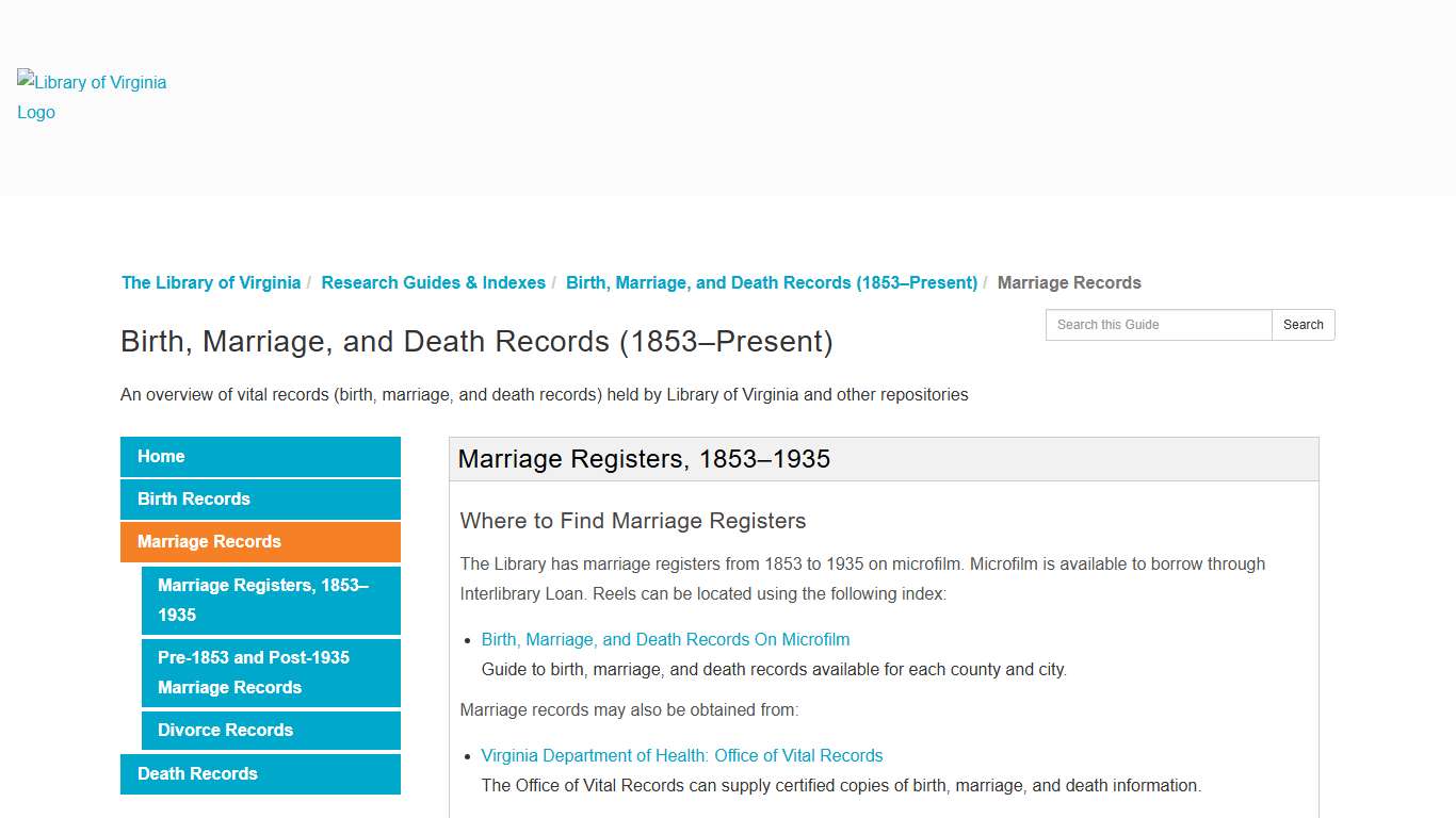 Marriage Records - Birth, Marriage, and Death Records (1853–Present) - Research Guides & Indexes at The Library of Virginia