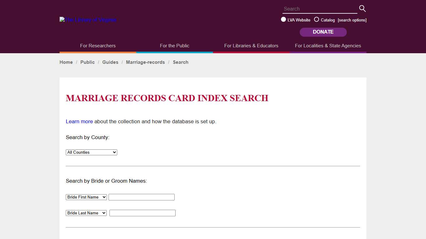 Marriage Records Collection Search Page